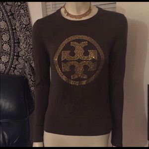 Tory Burch Olive/Brown Rhinestoned L/S Sweater M